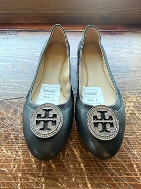 Tory Burch Black Leather Ballet Flats with Embellished Logo